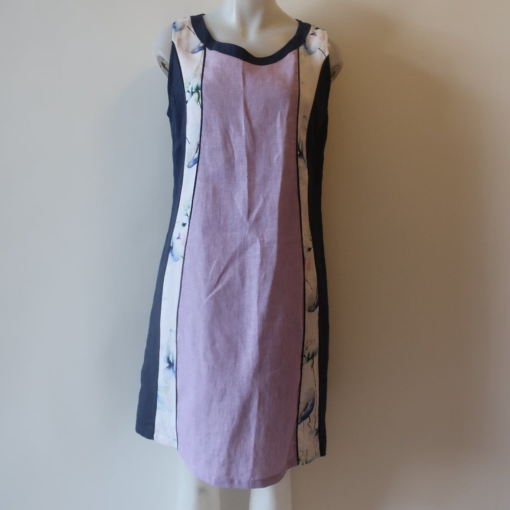 Womens Mario Romano Blue Lavender White Sleeveless Shift Dress L *